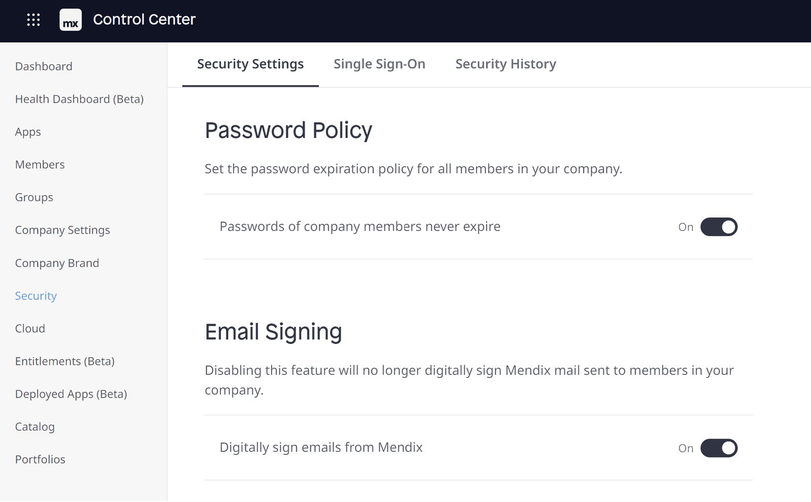 control center disable digital signing of Mendix mail