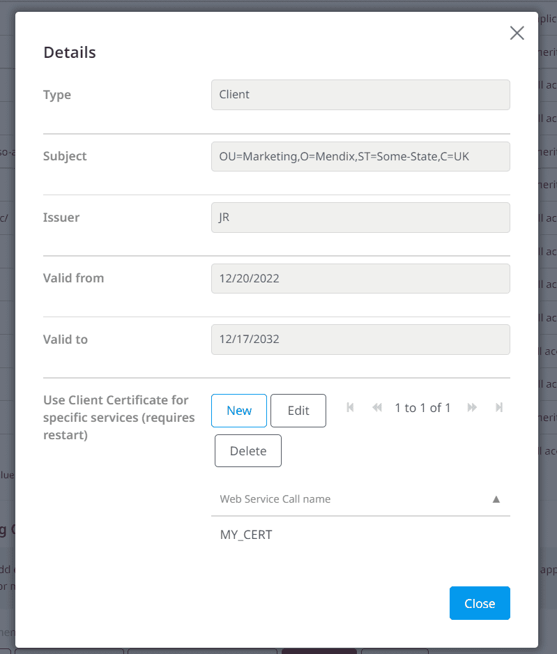 Image showing Giving certificate details in the Mendix environment