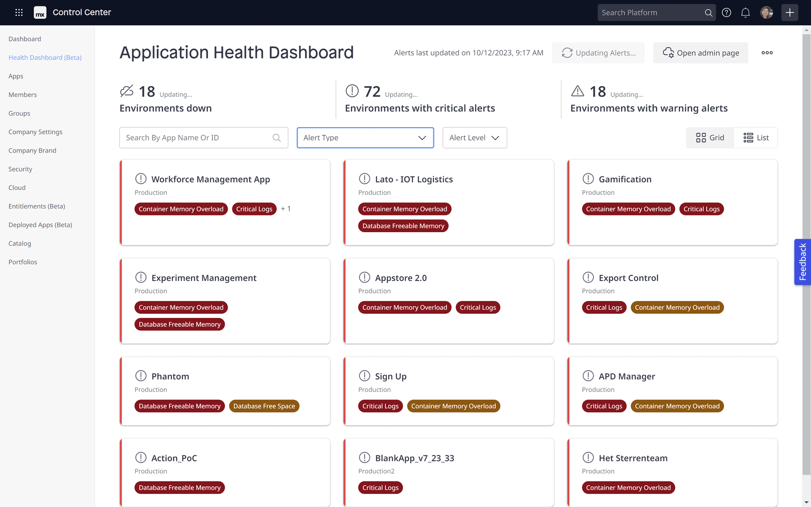Application health dashboard