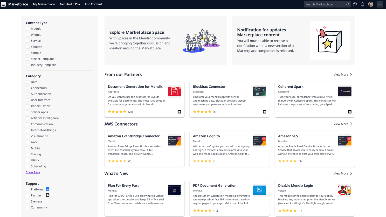 Marketplace new content types and categories.