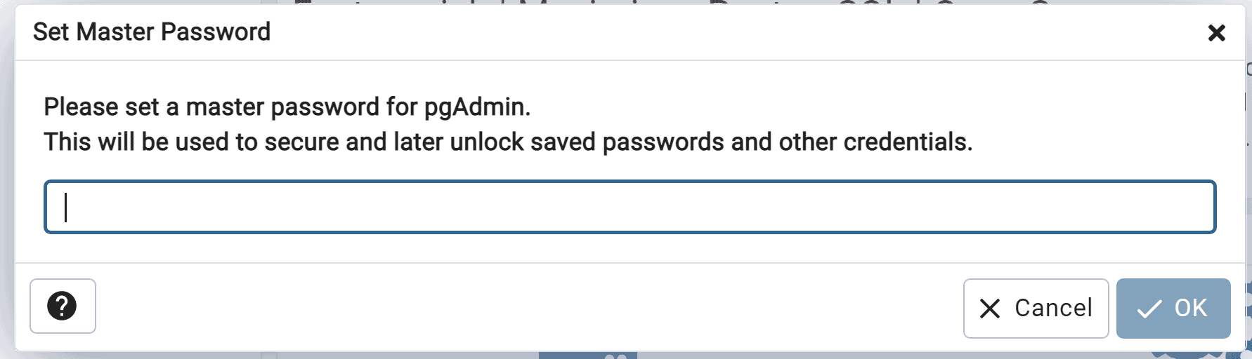 Set master password on first time start of pgAdmin