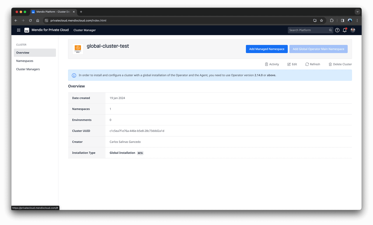 Global and managed namespaces installation