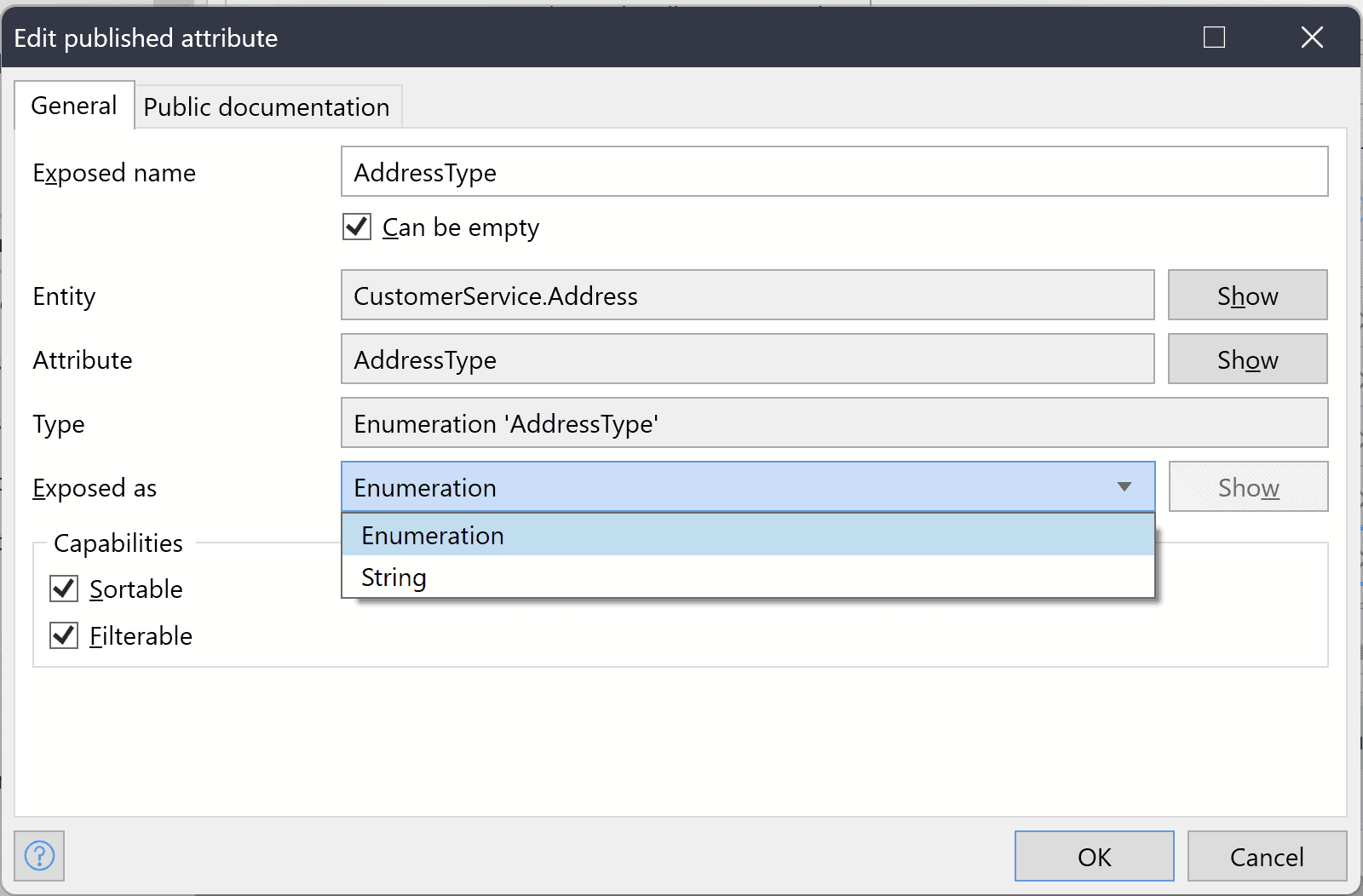External entities and OData support enumerations