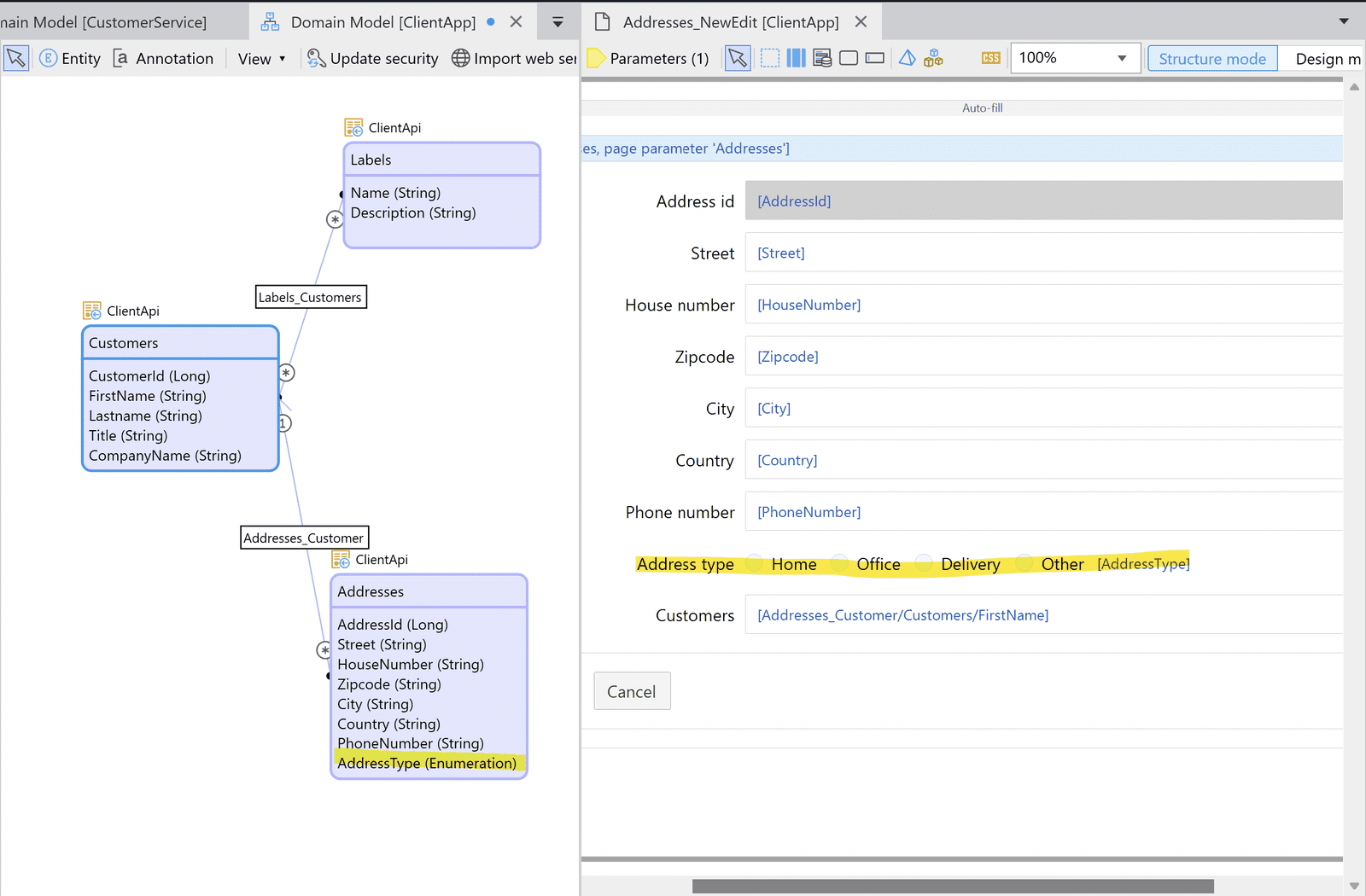 Image showing a form with an enumeration attribute and how it shows up in the application
