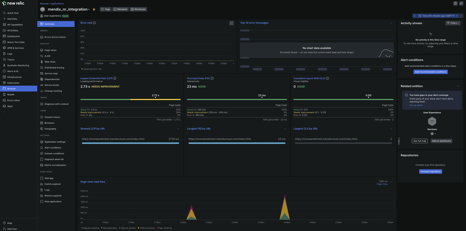 Browser metrics are shown in the New Relic platform