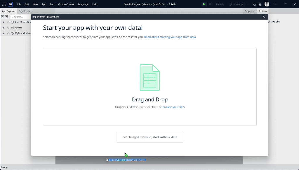Screen showing data drop upload option