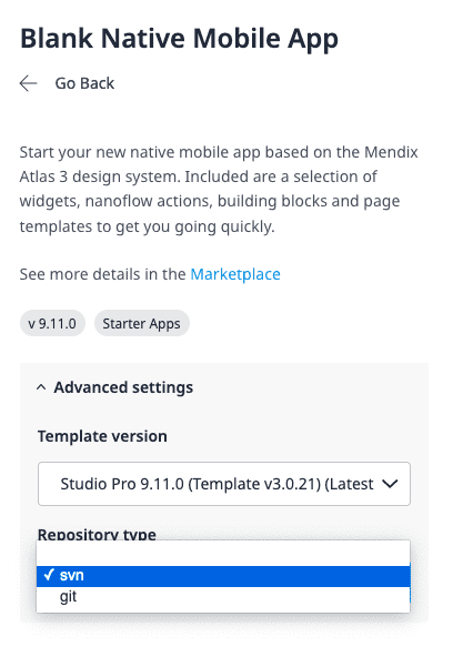 Image showing blank native app settings with available repository types