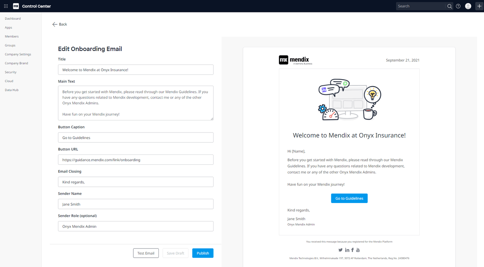 33_Company specific onboarding page email image from Mendix 9.6 release blog