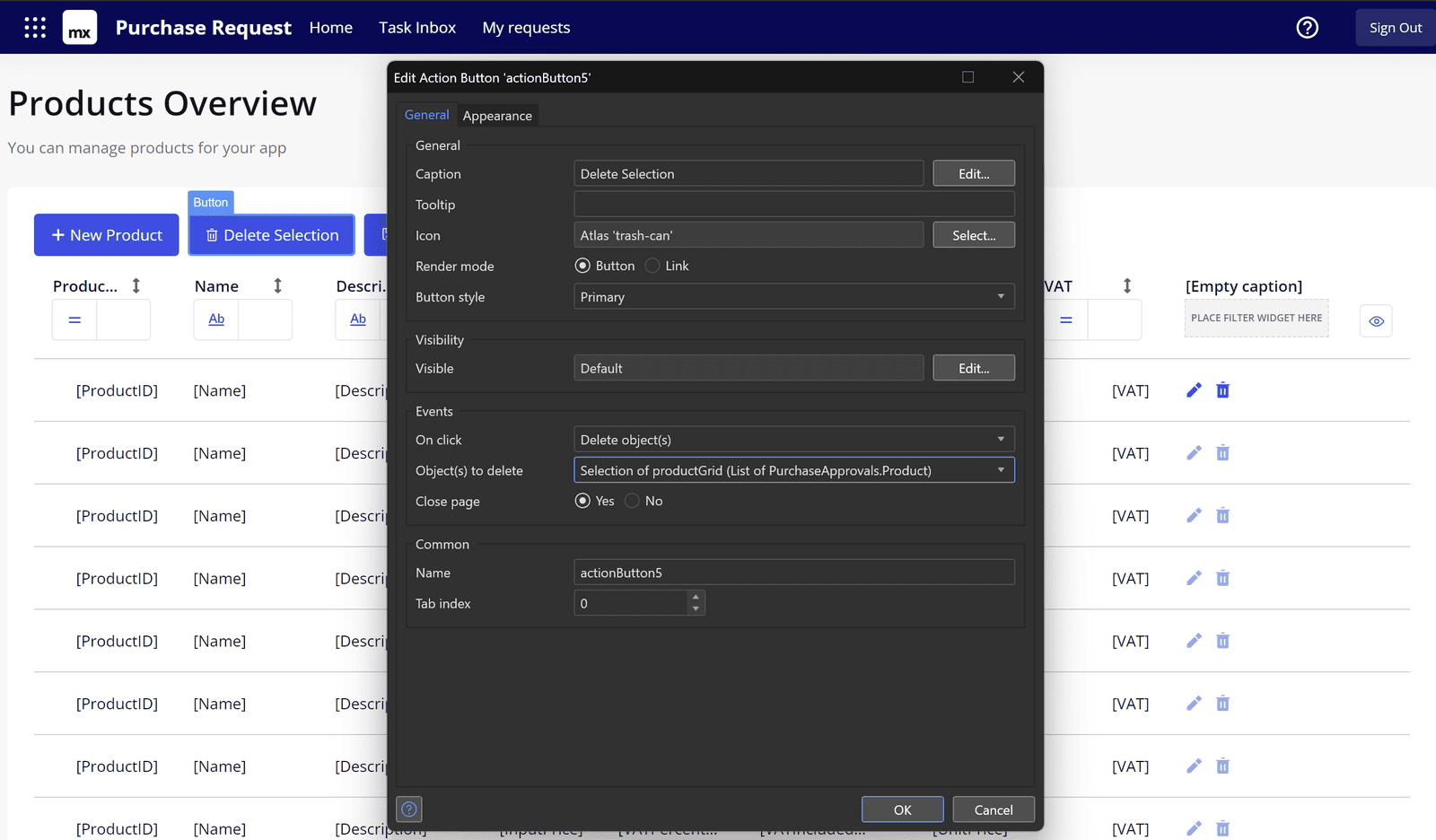 Configurable delete action