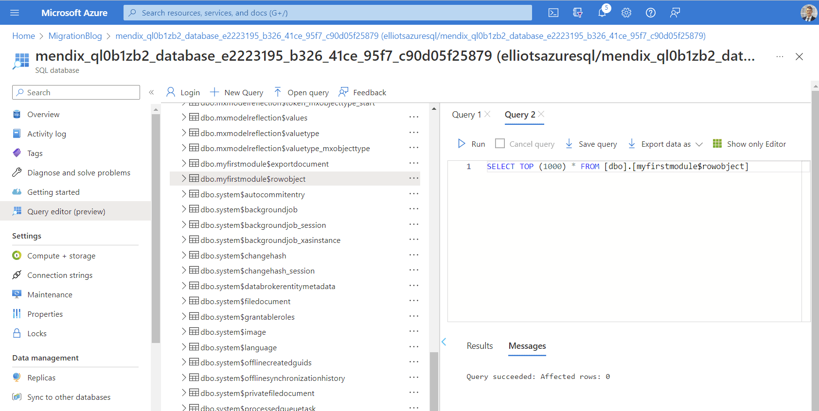 An Azure SQL Database with tables created