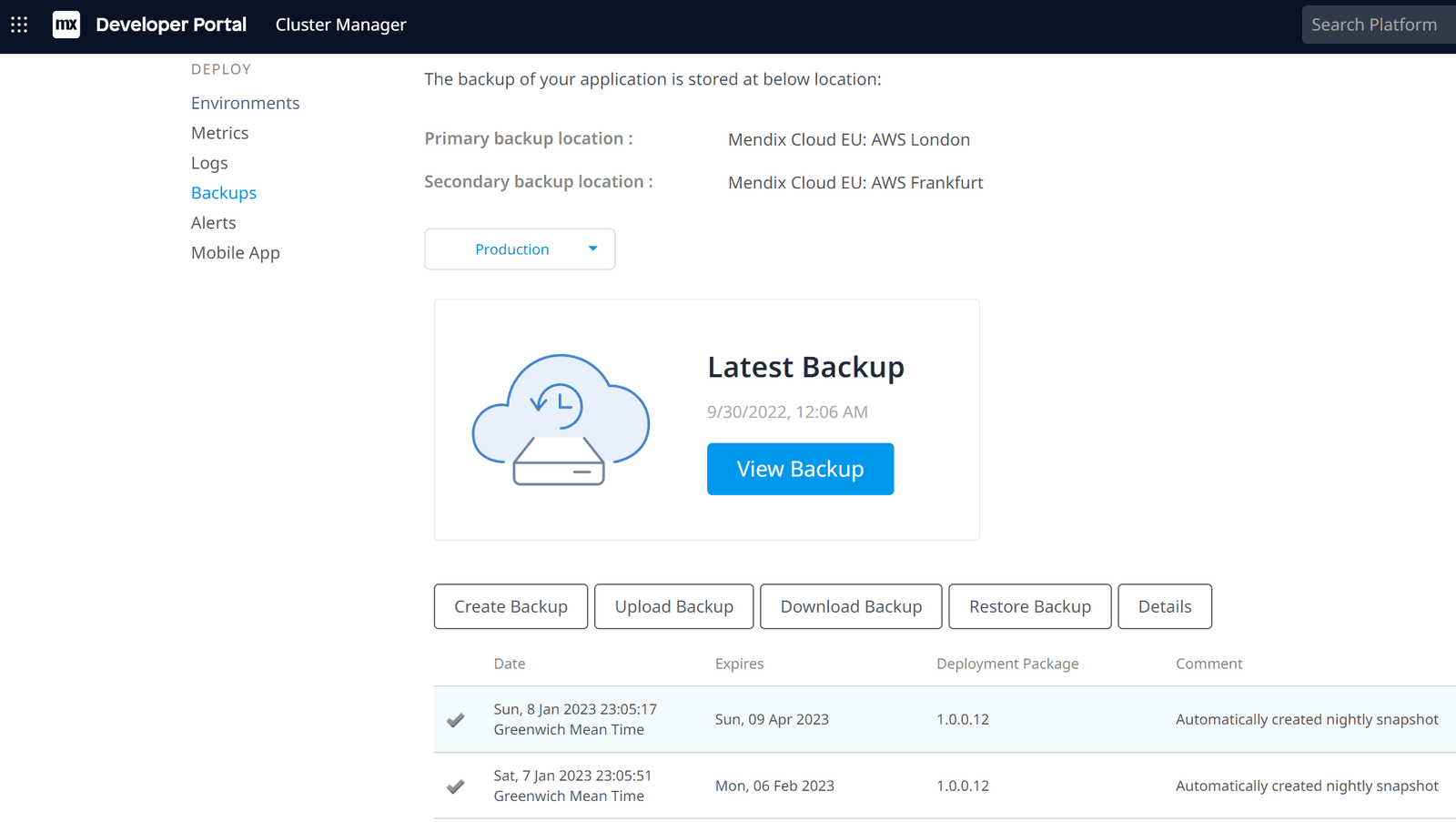 Mendix Developer Portal Backups Page