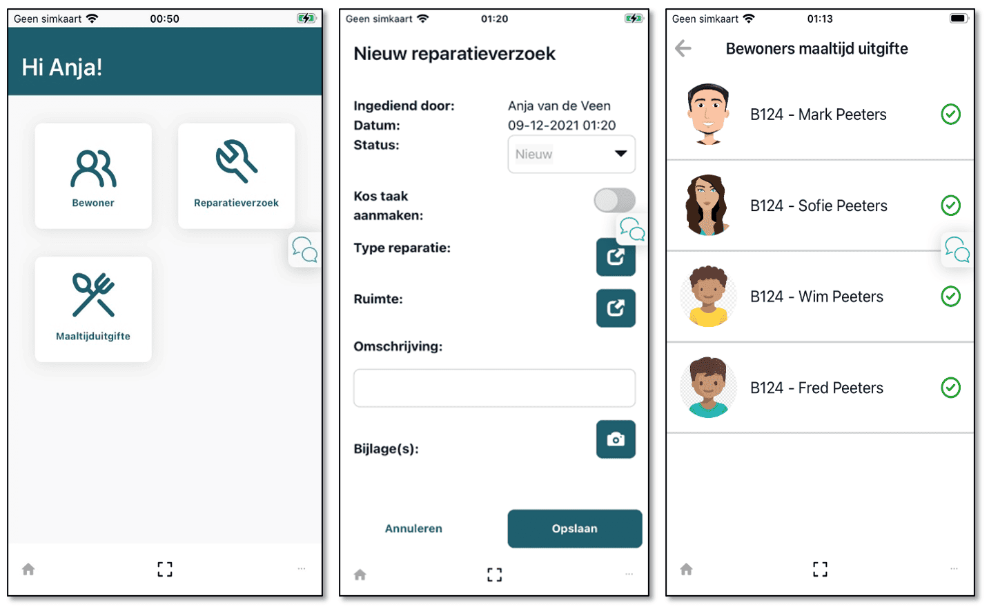 Employee Mobile Application displays meal distribution, resident information, and maintenance requests