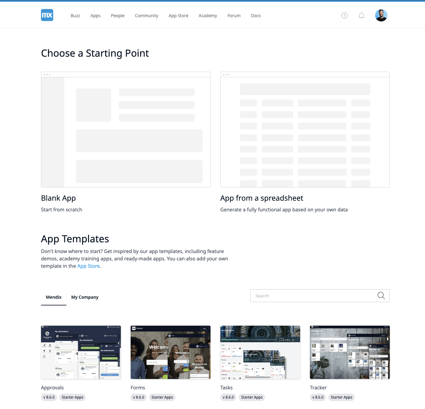 Choose a starting point: Blank App or App from a Spreadsheet