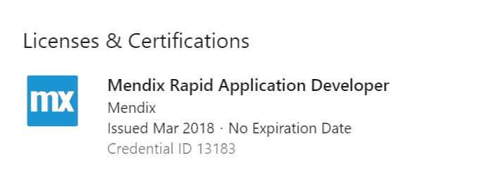 Licenses and Certifications: Mendix Rapid Application Developer