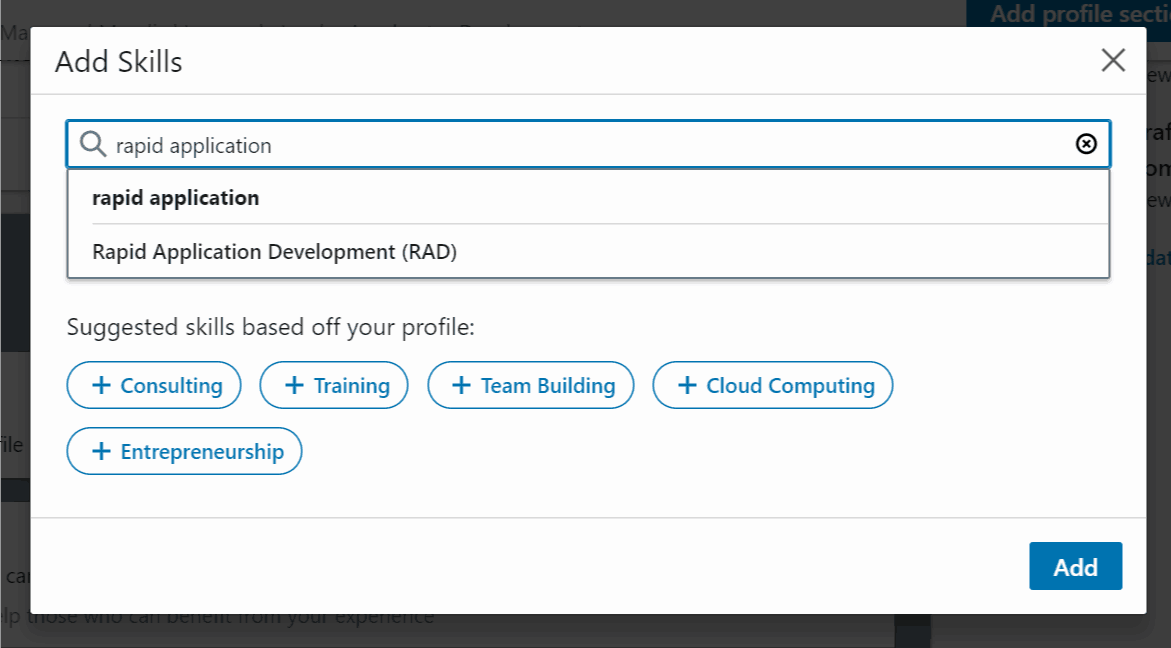 Adding Rapid Application Development as a Skill in LinkedIn