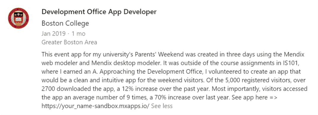 Development Office App Developer - Boston College - Jan 2019 - Description of App for College's Parent's Weekend