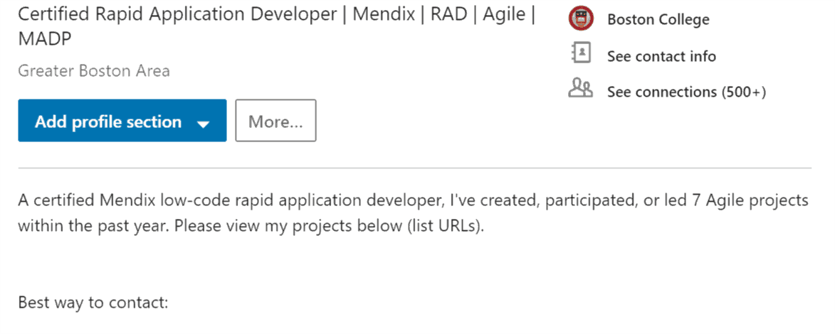 Certified Rapid Application Developer/Mendix LinkedIn Work Profile and Description