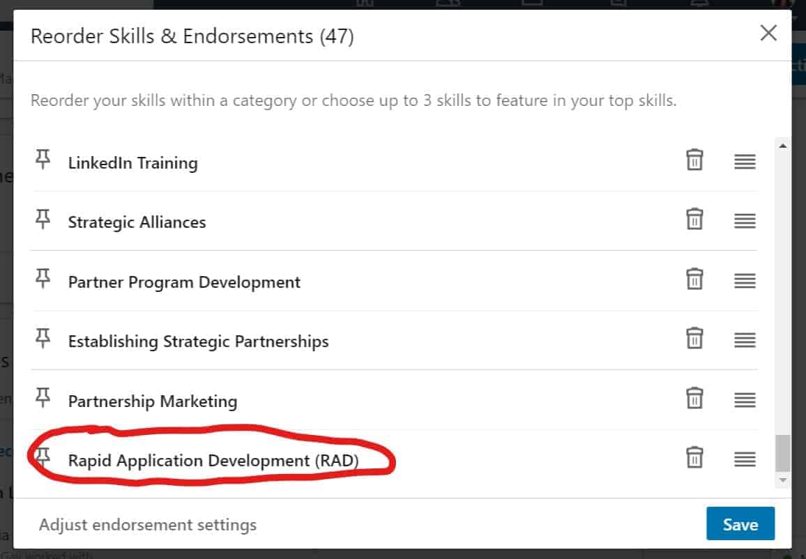 Reordering Skills and Endorsements in LinkedIn to Display Rapid Application Development
