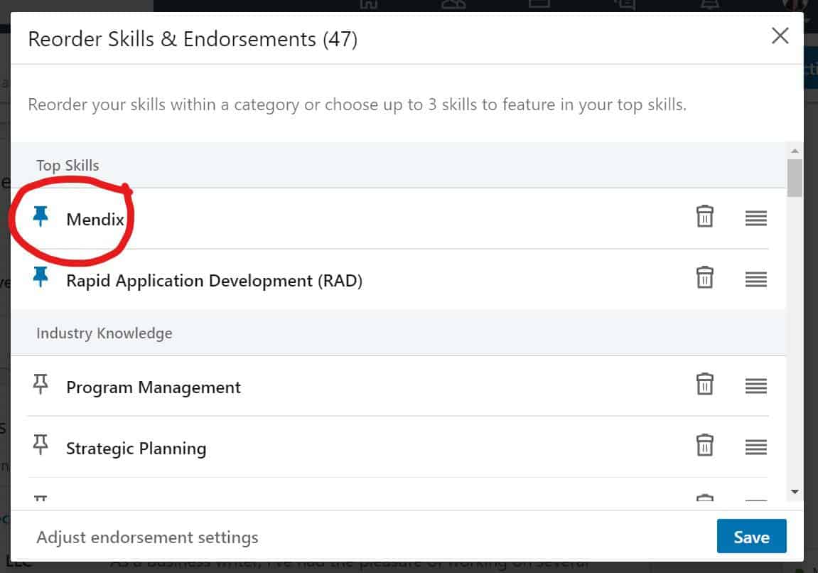 Add Mendix as a Top Skill in LinkedIn