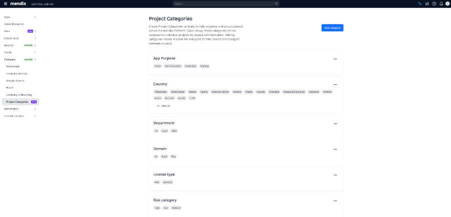 screenshot of project categories page