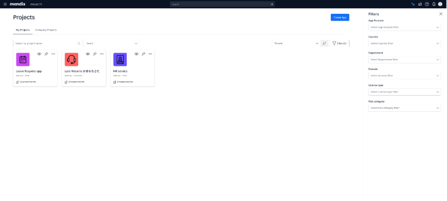 screenshot of projects page
