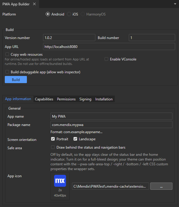 Capture d'écran de l'interface de création d'applications PWA