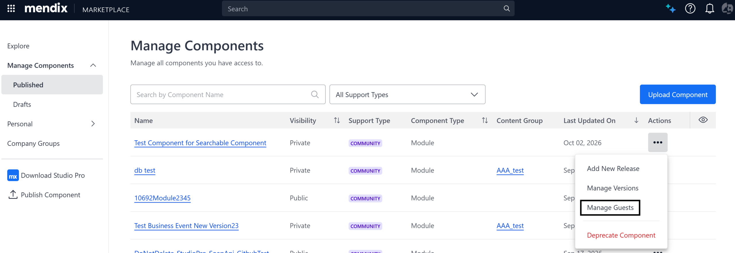 Screenshot showing the ability to manage guest access per component